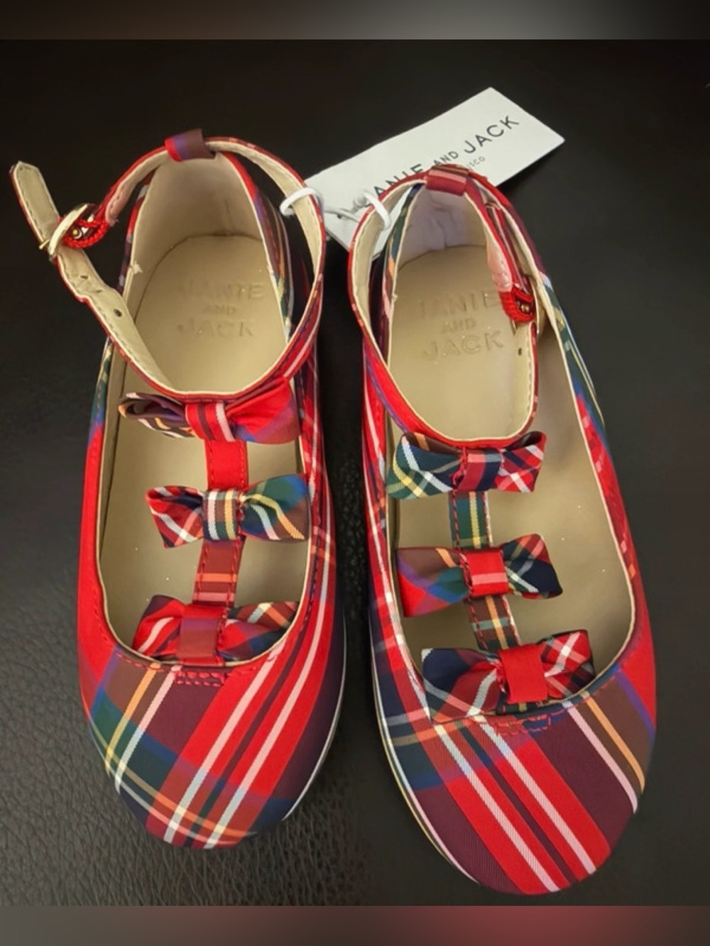 Janie and Jack Red Multicolor Plaid Bow Mary Jane Shoes